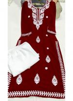 Rayon Maroon Casual Wear Lucknowi Chikankari Work Readymade Kurti With Plazzo